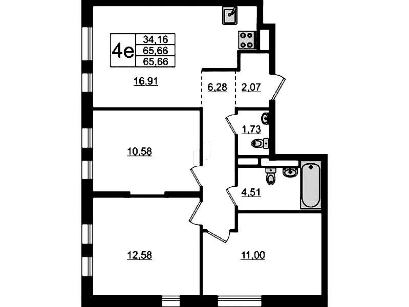 3-комнатная квартира 65.66 м², 2/12 эт., ЖК «Новые Лаврики»